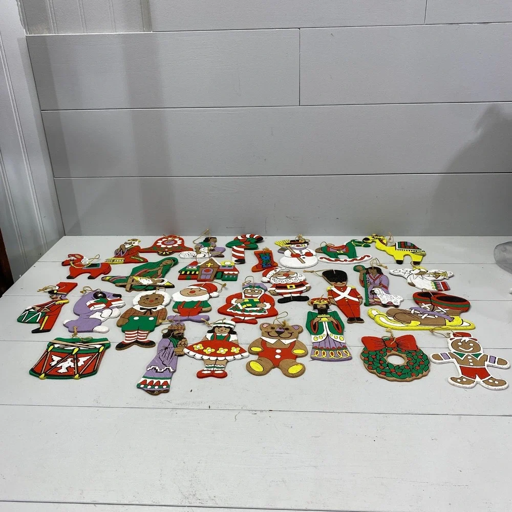 Vintage Wooden Christmas Ornaments Lot 28 Hand Painted Folk Art Mixed Christian